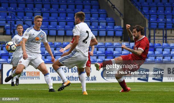 Danny Ings of Liverpool has a shot on goal during the Liverpool v Sunderland U23 Premier League game at Prenton Park on August 20, 2017 in...