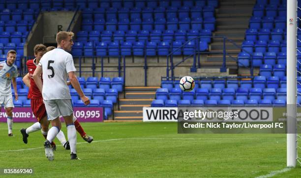 Matty Virtue of Liverpool scores his first goal of the game during the Liverpool v Sunderland U23 Premier League game at Prenton Park on August 20,...