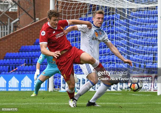 Matty Virtue of Liverpool and Thomas Beading of Sunderland in action during the Liverpool v Sunderland U23 Premier League game at Prenton Park on...