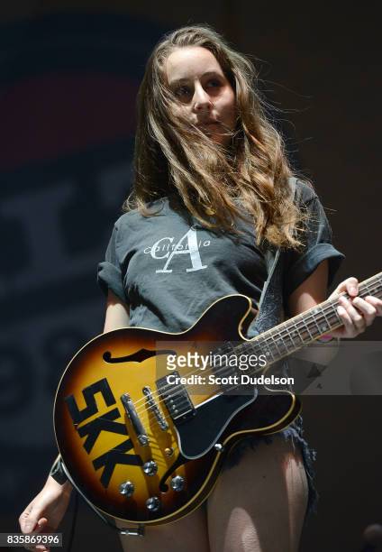 Singer Alana Haim of the band HAIM performs onstage during the Alt 98.7 Summer Camp concert at Queen Mary Events Park on August 19, 2017 in Long...