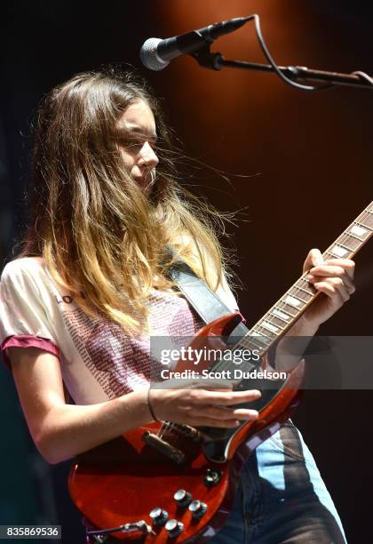 Singer Danielle Haim of the band HAIM performs onstage during the Alt 98.7 Summer Camp concert at Queen Mary Events Park on August 19, 2017 in Long...