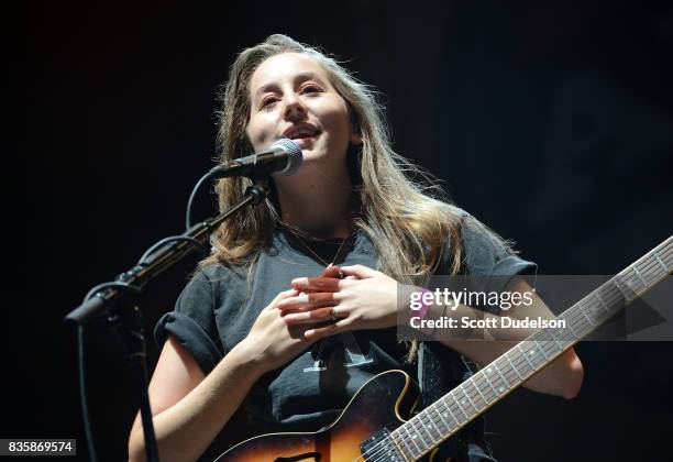 Singer Alana Haim of the band HAIM performs onstage during the Alt 98.7 Summer Camp concert at Queen Mary Events Park on August 19, 2017 in Long...