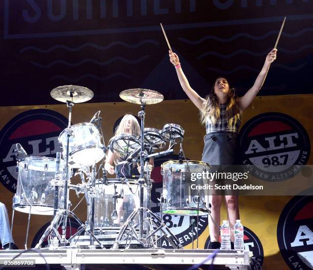 Singers Alana Haim and Este Haim of the band HAIM perform onstage during the Alt 98.7 Summer Camp concert at Queen Mary Events Park on August 19,...