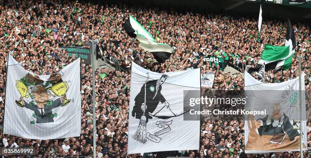 Fans of Moenchengladbach voice their opinion against the DFB with banners ahead of the Bundesliga match between Borussia Moenchengladbach and 1. FC...