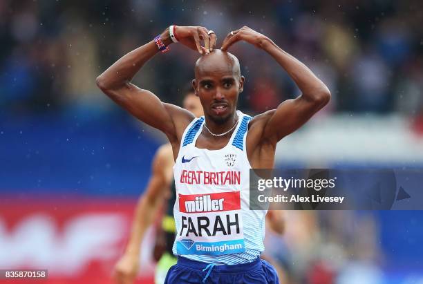 Mo Farah of Great Britain crosses the line to win the Men's 3000m, his last UK track race during the Muller Grand Prix Birmingham as part of the IAAF...