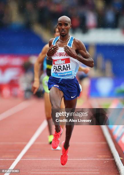 Mo Farah of Great Britain crosses the line to win the Men's 3000m, his last UK track race during the Muller Grand Prix Birmingham as part of the IAAF...