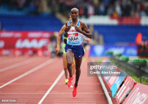 Mo Farah of Great Britain crosses the line to win the Men's 3000m, his last UK track race during the Muller Grand Prix Birmingham as part of the IAAF...