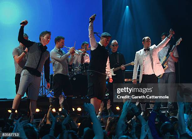 Martin Vandreier, Boris Lauterbach and Bjorn Warns of Frette Brot, Regional Award Winners for Germany perform during the MTV Europe Music Awards held...