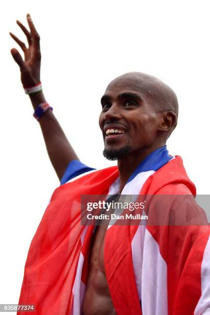 Mo Farah of Great Britain celebrates winning the the Men's 3000m, his last UK track race during the Muller Grand Prix Birmingham as part of the IAAF...