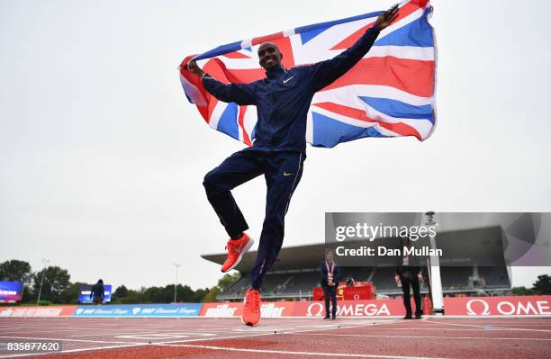 Mo Farah of Great Britain celebrates winning the Men's 3000m, his last UK track race during the Muller Grand Prix Birmingham as part of the IAAF...