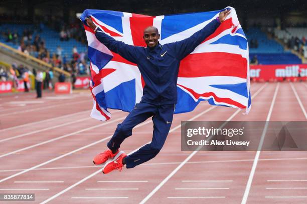 Mo Farah of Great Britain celebrates winning the Men's 3000m, his last UK track race during the Muller Grand Prix Birmingham as part of the IAAF...
