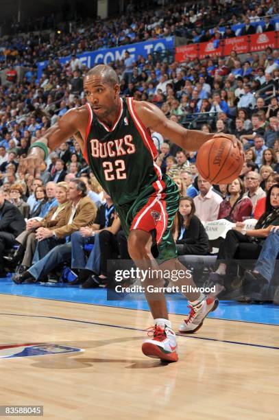 Michael Redd of the Milwaukee Bucks drives to the basket during the game against the Oklahoma City Thunder at the Ford Center on October 29, 2008 in...