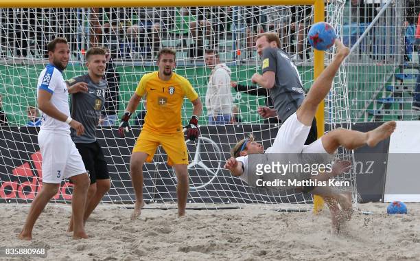 Christoph Thuerk of Rostock scores a goal during the final match between Rostocker Robben and Ibbenbuerener BSC on day 2 of the 2017 German Beach...