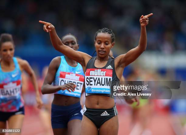 Dawit Seyaum of Ethiopia wins the Women's 1500m race during the Muller Grand Prix Birmingham meeting at Alexander Stadium on August 20, 2017 in...