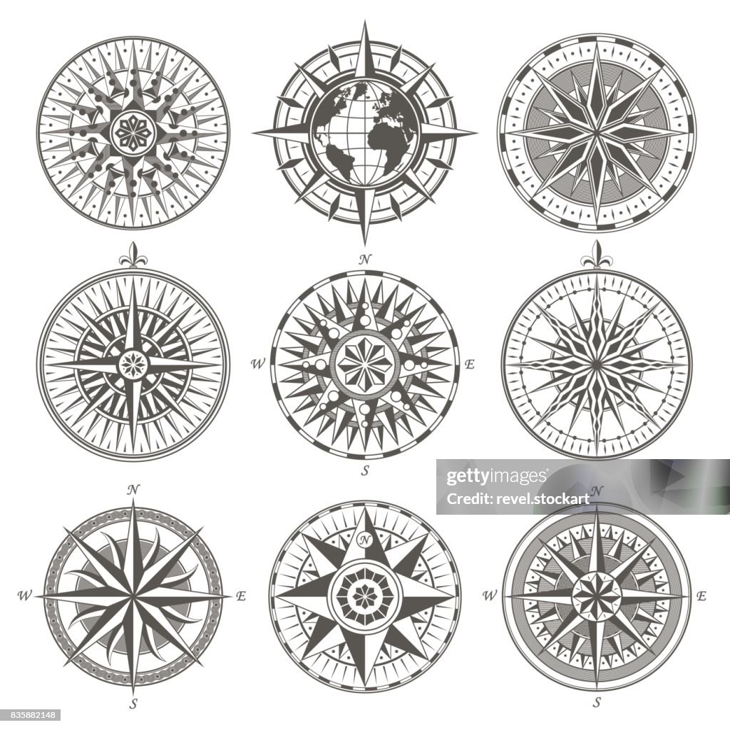 Set Of Vintage Antique Wind Rose Nautical Compass Signs Labels Emblems ...