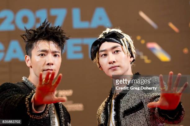 Musical Group Super Junior - D&E, including Donghae and Eunhyuk attend the red carpet photo op at KCON 2017 on August 19, 2017 in Los Angeles,...