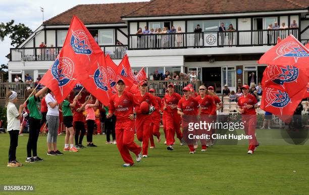 Danielle Hazell of Lancashire Thunder leads her team out onto the field during the Kia Super League match between Lancashire Thunder and Loughborough...