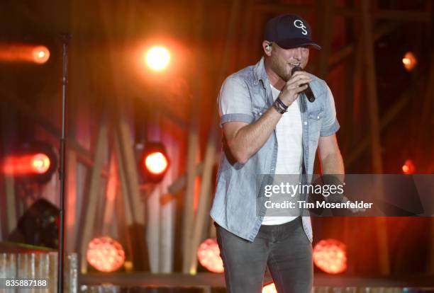 Cole Swindell performs during the "What The Hell" world tour at Toyota Amphitheatre on August 19, 2017 in Wheatland, California.