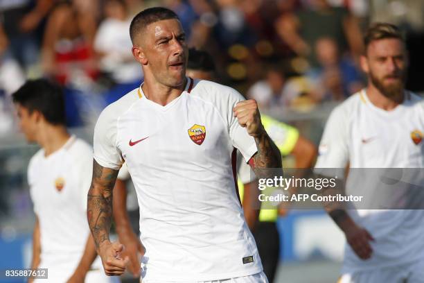 Roma's Serbian defender Aleksandar Kolarov celebrates after scoring a goal during the Italian Serie A football matchbetween Atalanta and AS Roma on...