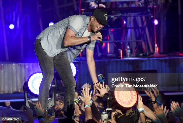 Cole Swindell performs during the "What The Hell" world tour at Toyota Amphitheatre on August 19, 2017 in Wheatland, California.