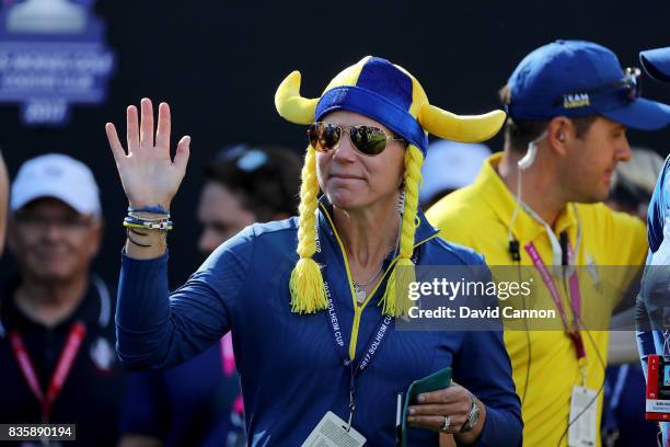 Annika Sorenstam of Sweden the European Team captain on the first tee during the final day singles matches in the 2017 Solheim Cup at the Des Moines...