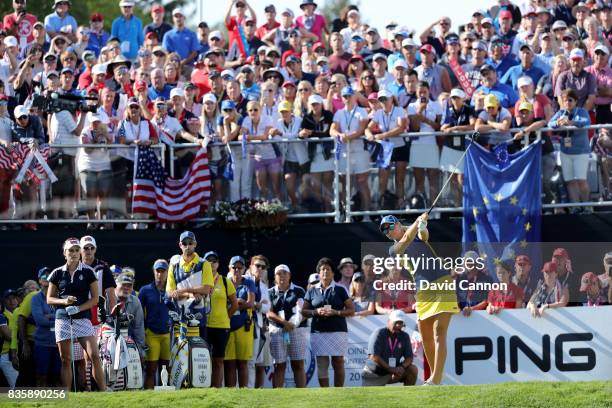 Anna Nordqvist of Sweden and the European Team plays her tee shot on the first hole in her match against Lexi Thompson during the final day singles...