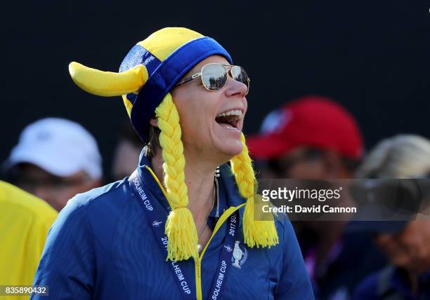 Annika Sorenstam of Sweden the European Team captain on the first tee during the final day singles matches in the 2017 Solheim Cup at the Des Moines...