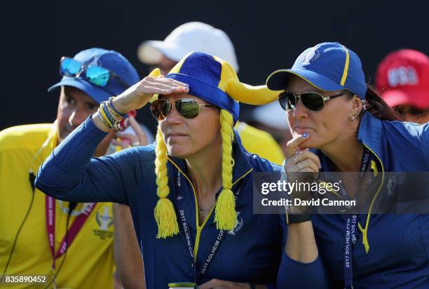 Annika Sorenstam of Sweden the European Team captain with Maria McBride of Sweden one of her assistant captains on the first tee during the final day...