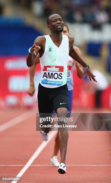 Nijel Amos of Botswana wins the Men's 800m race during the Muller Grand Prix Birmingham meeting at Alexander Stadium on August 20, 2017 in...