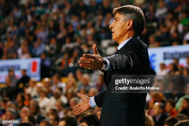 Bogdan Tanjevic, Head Coach of Fenerbahce Ulker gestures during the Euroleague Basketball Game 3 match between DKV Joventut and Fenerbahce Ulker...