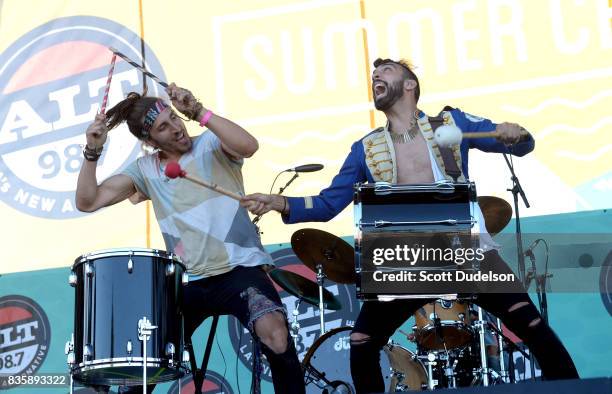 Singers Austin Bisnow and Zambricki Li of Magic Giant perform onstage during the Alt 98.7 Summer Camp concert at Queen Mary Events Park on August 19,...