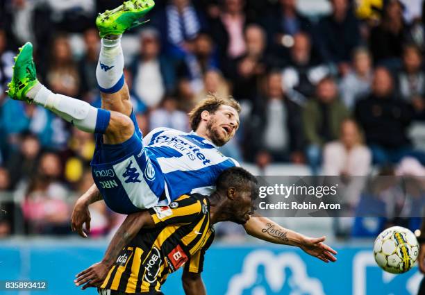 Tobias Hysen of IFK Goteborg and Mohammed Abubakari of BK Hacken battles for the ball during the Allsvenskan match between IFK Goteborg and BK Hacken...