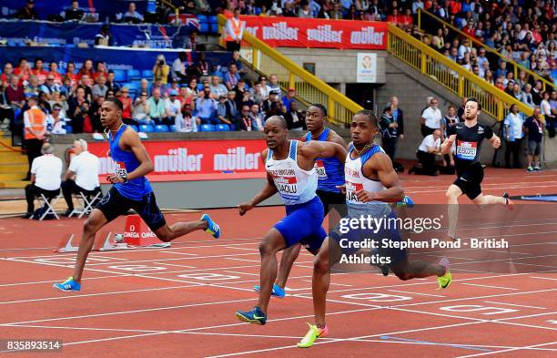 Chijindu Ujah of Great Britain wins the men's 100m during the Muller Grand Prix and IAAF Diamond League event at Alexander Stadium on August 20, 2017...