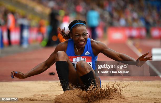 Kimberly Williams of Jamaica competes in the Womens Triple Jump during the Muller Grand Prix Birmingham meeting on August 20, 2017 in Birmingham,...