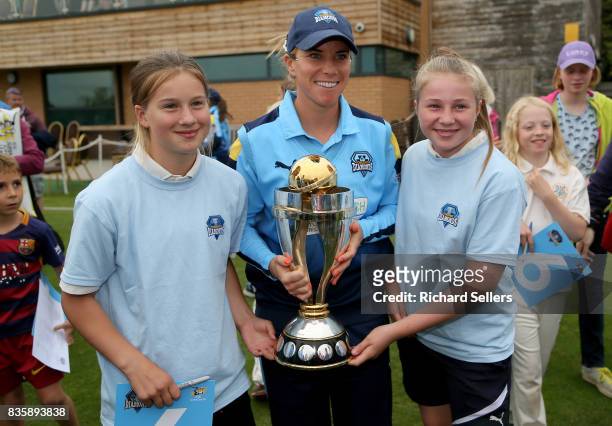 Lauren Winfield of Yorkshire Diamonds and young cricket fans with the world cupd afterthe Kia Super League between Yorkshire Diamonds v Western Storm...