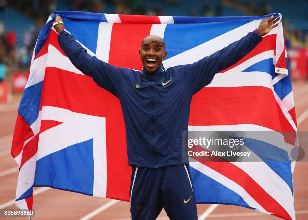 Mo Farah of Great Britain celebrates winning the Men's 3000m, his last UK track race during the Muller Grand Prix Birmingham as part of the IAAF...