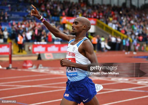 Mo Farah of Great Britain crosses the line to win the Men's 3000m, his last UK track race during the Muller Grand Prix Birmingham as part of the IAAF...