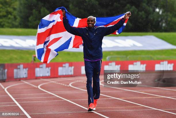 Mo Farah of Great Britain celebrates winning the Men's 3000m, his last UK track race during the Muller Grand Prix Birmingham as part of the IAAF...