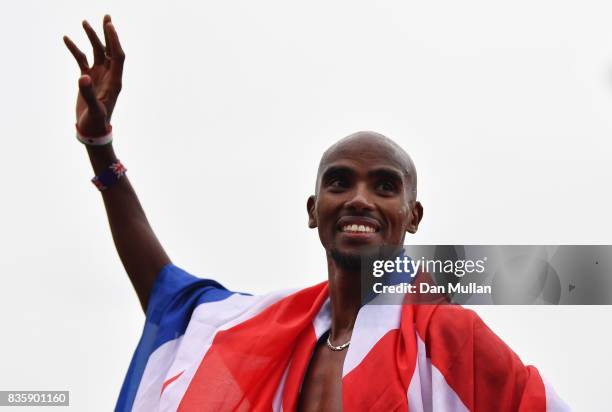 Mo Farah of Great Britain celebrates winning the Men's 3000m, his last UK track race during the Muller Grand Prix Birmingham as part of the IAAF...