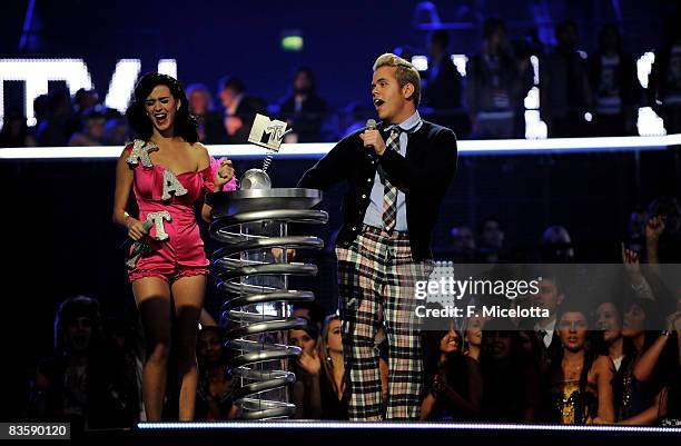 Katy Perry and Perez Hilton appear on stage at the 2008 MTV Europe Music Awards held at at the Echo Arena on November 6, 2008 in Liverpool, England.