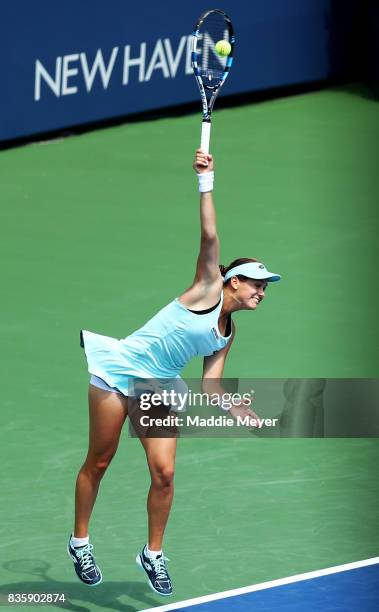 Jana Cepelova of Slovakia serves to Christina McHale of the United States during Day 3 of the Connecticut Open at Connecticut Tennis Center at Yale...