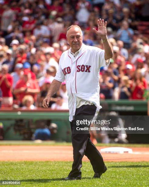 Broadcaster Jerry Remy is introduced during a 30 year recognition ceremony before a game between the Boston Red Sox and the New York Yankees on...