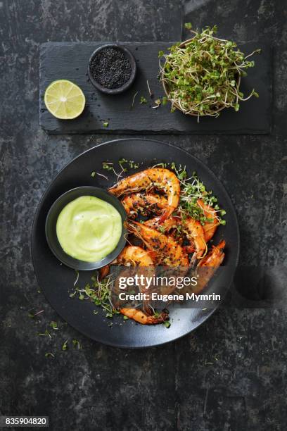 grilled tiger prawns with wasabi - plate fotografías e imágenes de stock