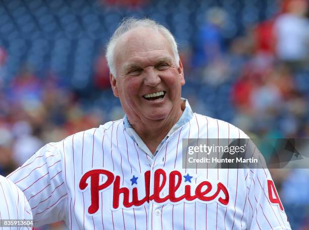 Former Philadelphia Phillies manager, Charlie Manuel participates in Alumni Weekend ceremonies before a game between the Philadelphia Phillies and...