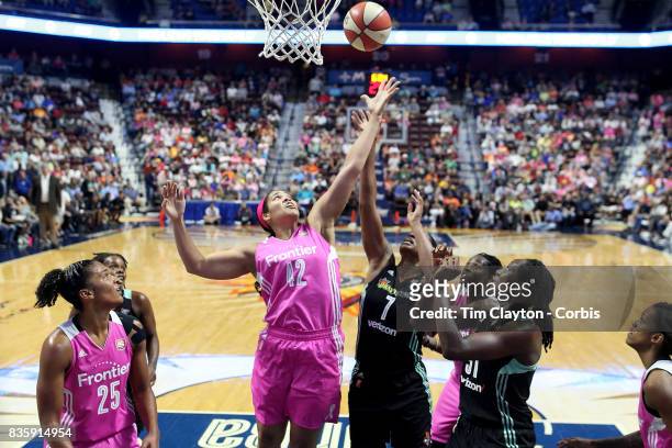 Brionna Jones of the Connecticut Sun and Kia Vaughn of the New York Liberty challenge for a rebound during the Connecticut Sun Vs New York Liberty,...