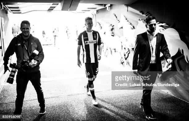 Nico Elvedi of Moenchengladbach, scorer of the goal, leaves the pitch trough the tunnel after winning the Bundesliga match between Borussia...