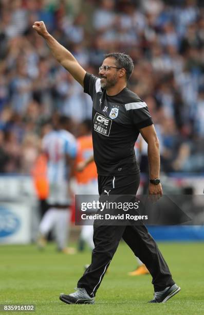 David Wagner, the Huddersfield Town manager celebrates his teams victory during the Premier League match between Huddersfield Town and Newcastle...