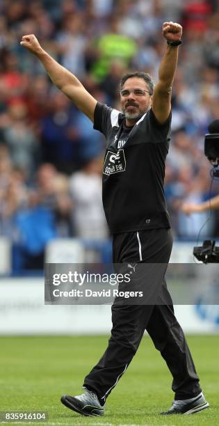 David Wagner, the Huddersfield Town manager celebrates his teams victory during the Premier League match between Huddersfield Town and Newcastle...