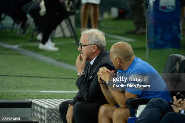 Head coach of Udinese Luigi Delneri looks on during the Serie A match between Udinese Calcio and AC Chievo Verona at Friuli Stadium on August 20,...