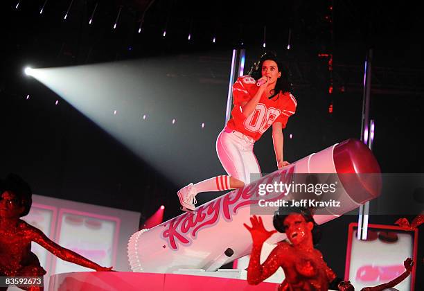 Host Katy Perry performs during the 2008 MTV Europe Music Awards held at at the Echo Arena on November 6, 2008 in Liverpool, England.